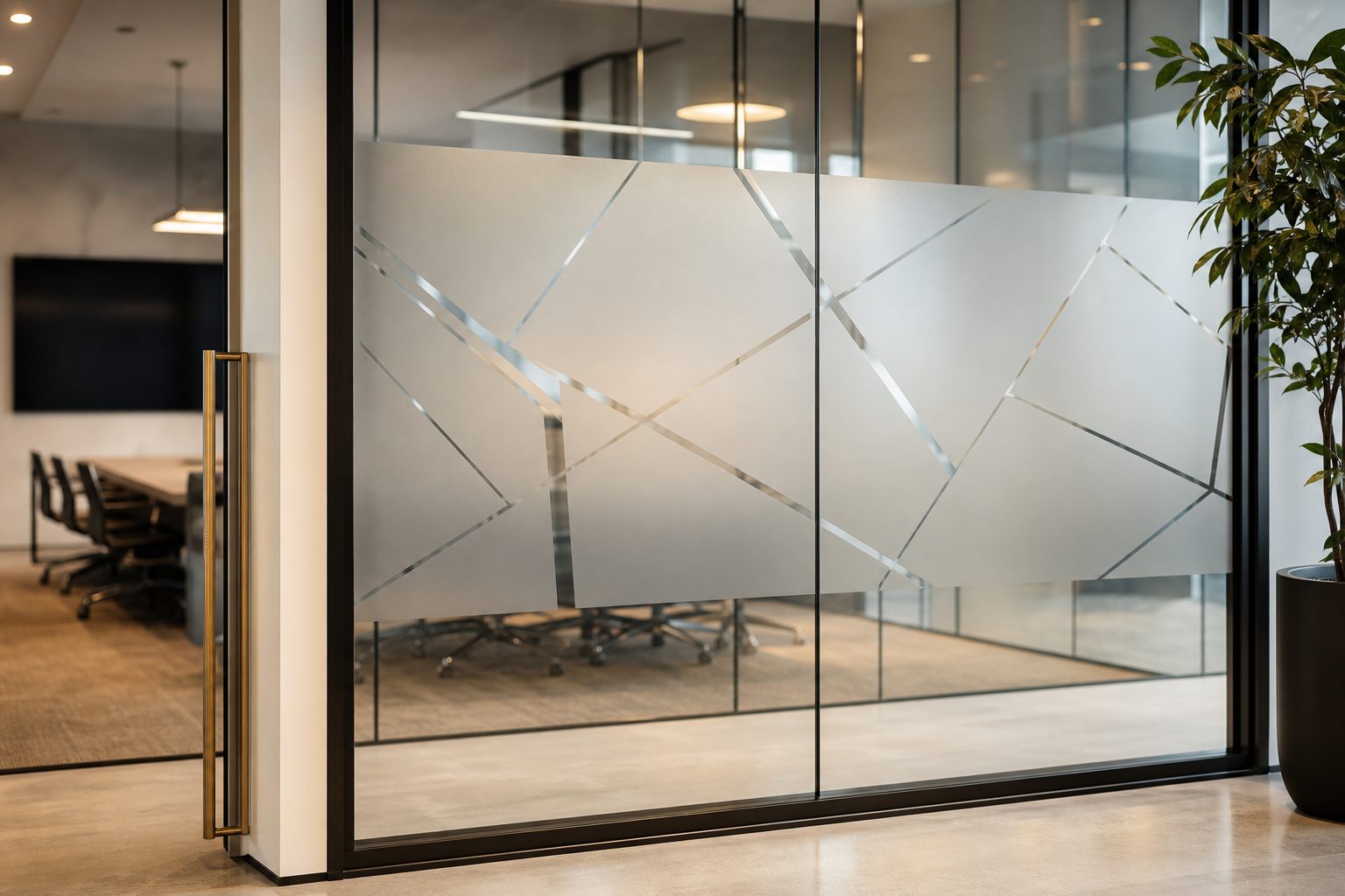 Decorative frosted privacy film on glass